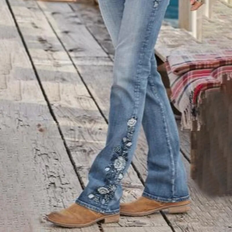 Blugi de damă elastici Haine vintage din anii 90 Pantaloni din denim imprimați Pantaloni evazați de damă la modă spălați largi Pantaloni de damă casual albaștri