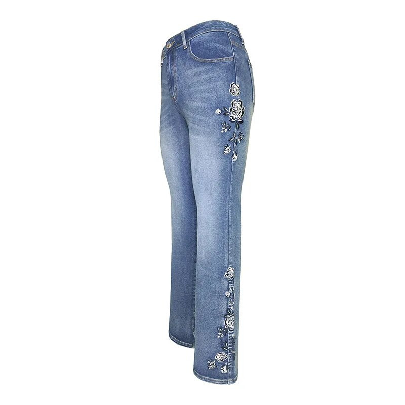 Blugi de damă elastici Haine vintage din anii 90 Pantaloni din denim imprimați Pantaloni evazați de damă la modă spălați largi Pantaloni de damă casual albaștri