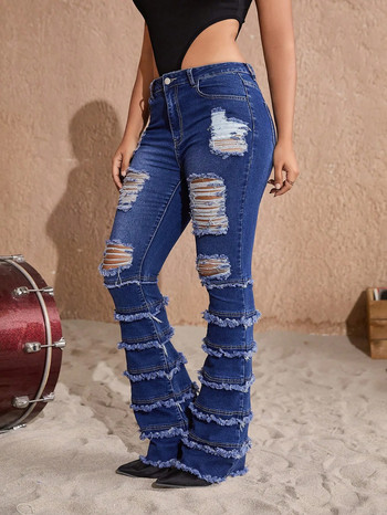 2023 Дамски модни разтегливи слоеве с ресни с необработена гарнитура Скъсани дънки с изпъкнали крака Улични дънкови панталони с висока талия Mujer