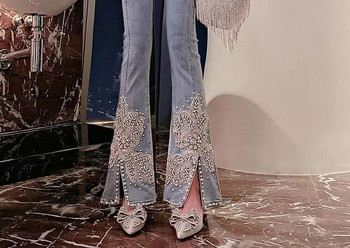 Bugilaku Панталони с кльощави с висока талия Дамски дънки с дънки в стил пачуърк с дебели мъниста Дамски ежедневни модни универсални тънки капри
