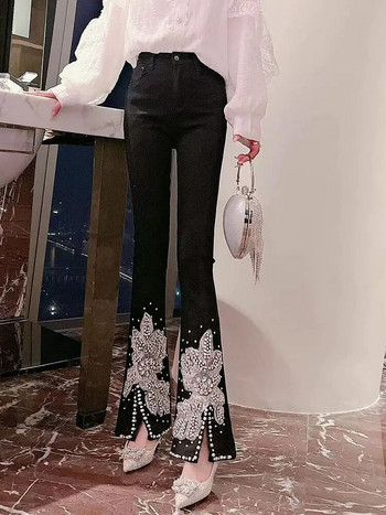 Bugilaku Панталони с кльощави с висока талия Дамски дънки с дънки в стил пачуърк с дебели мъниста Дамски ежедневни модни универсални тънки капри