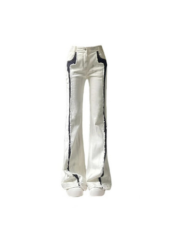 Дамски бели дънки Винтидж Пачуърк Дънкови панталони с висока талия 2000-те Y2k Harajuku 90-те Естетични извънгабаритни панталони Свалени дрехи