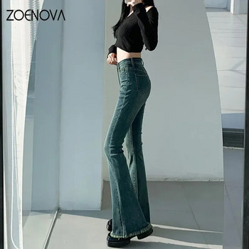ZOENOVA 2023 Дамски дънкови кльощави панталони Корейска мода плюс тънки панталони с камбанка с висока талия Елегантни панталони за жени Сиви