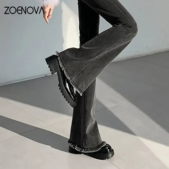 ZOENOVA 2023 Дамски дънкови кльощави панталони Корейска мода плюс тънки панталони с камбанка с висока талия Елегантни панталони за жени Сиви