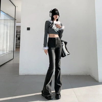 ZOENOVA 2023 Ženske hlače s širokim jeansom, korejske modne plus uske hlače na zvonce visokog struka, ženske sive hlače visoke čvrstoće