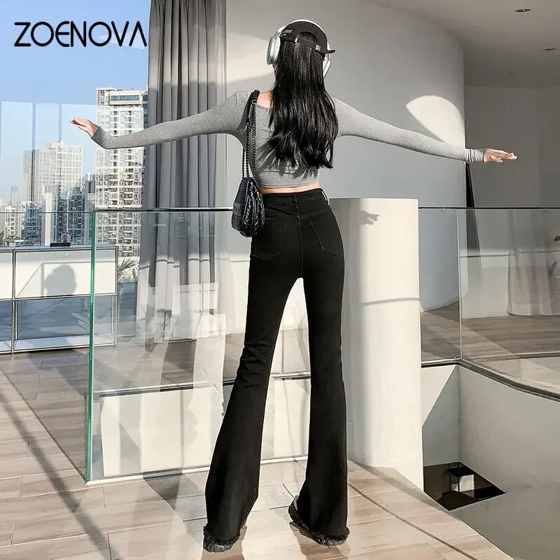ZOENOVA 2023 Ženske hlače s širokim jeansom, korejske modne plus uske hlače na zvonce visokog struka, ženske sive hlače visoke čvrstoće