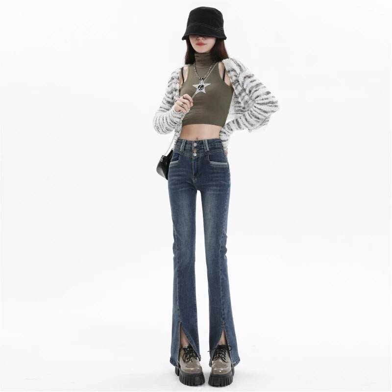 Flare Jeans Ženske hlače visokog struka Y2k pamuk Slim Fit Udobne traperice Ženske podijeljene hlače Elastične modne traper hlače