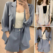 Blazer pentru femei Set de pantaloni scurți Jachetă cu mâneci lungi și rever cu pantaloni scurti Îmbrăcăminte pentru damă Costum pentru ținută zilnică