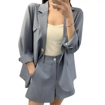 Blazer pentru femei Set de pantaloni scurți Jachetă cu mâneci lungi și rever cu pantaloni scurti Îmbrăcăminte pentru damă Costum pentru ținută zilnică