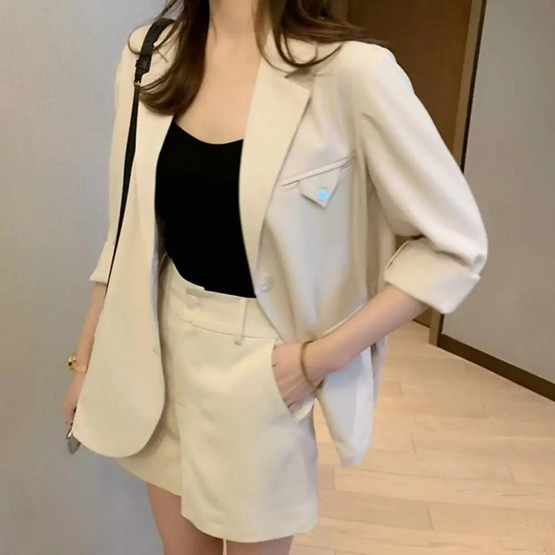 Ženski blejzer Komplet kratkih hlača Jednobojna jakna na preklop dugih rukava s kratkim hlačama Vanjska odjeća Odjeća Žensko odijelo Odjevna kombinacija za svakodnevno nošenje