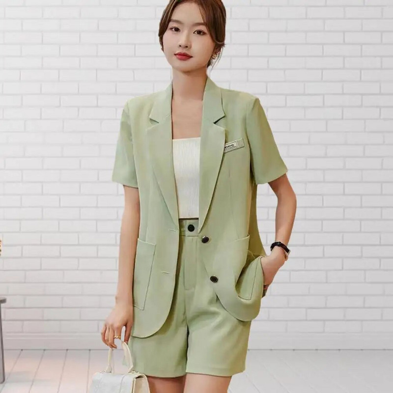 2 kom./komplet kratkih rukava s ravnim reverom i kratkim rukavima s dva gumba visokog struka, formalno poslovno odijelo za putovanje na posao u OL stilu