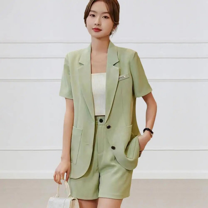 2 kom./komplet kratkih rukava s ravnim reverom i kratkim rukavima s dva gumba visokog struka, formalno poslovno odijelo za putovanje na posao u OL stilu