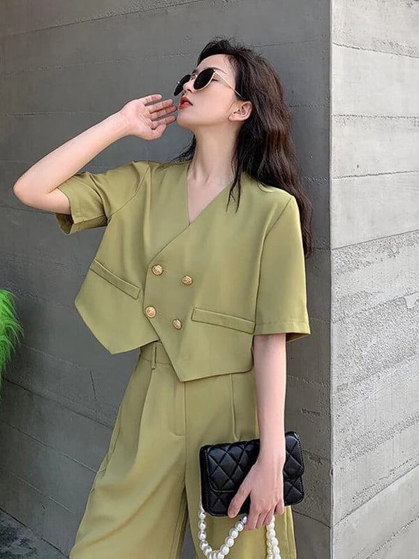 Alkalmi, rövid nadrág női öltöny, hajtóka, duplasoros, termesztett blúz, 2 részes készletek 2023 tavaszi nyár elegáns irodai női ing felszerelés