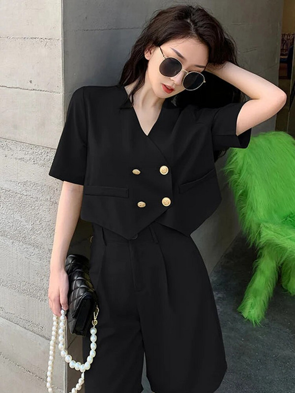 Alkalmi, rövid nadrág női öltöny, hajtóka, duplasoros, termesztett blúz, 2 részes készletek 2023 tavaszi nyár elegáns irodai női ing felszerelés