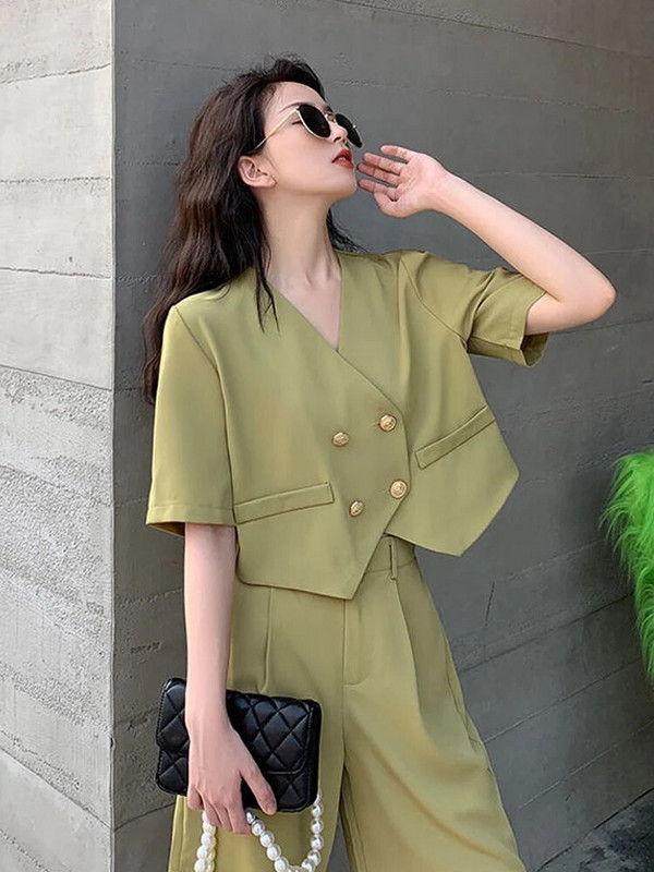 Alkalmi, rövid nadrág női öltöny, hajtóka, duplasoros, termesztett blúz, 2 részes készletek 2023 tavaszi nyár elegáns irodai női ing felszerelés