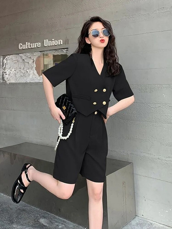 Alkalmi, rövid nadrág női öltöny, hajtóka, duplasoros, termesztett blúz, 2 részes készletek 2023 tavaszi nyár elegáns irodai női ing felszerelés