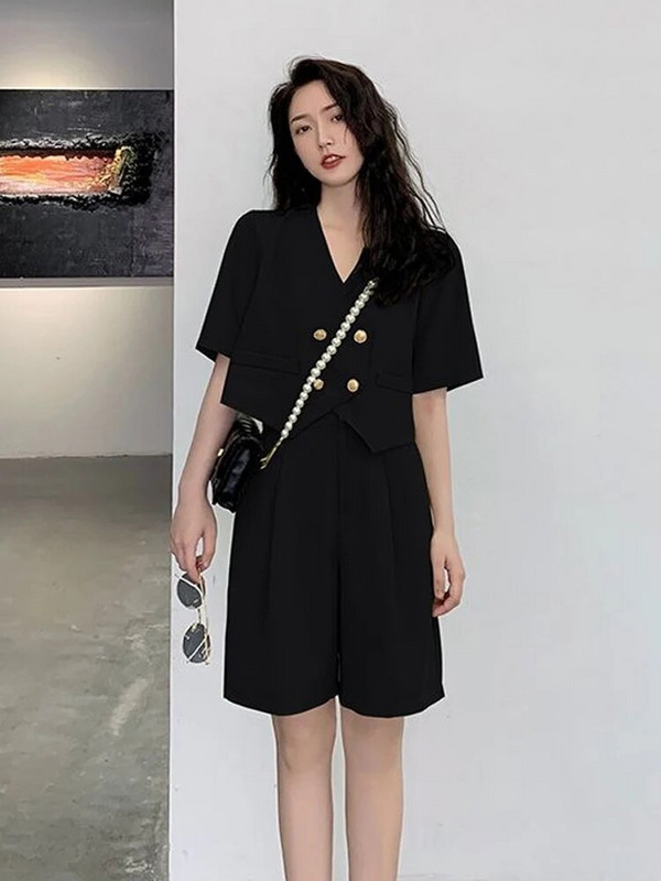 Alkalmi, rövid nadrág női öltöny, hajtóka, duplasoros, termesztett blúz, 2 részes készletek 2023 tavaszi nyár elegáns irodai női ing felszerelés