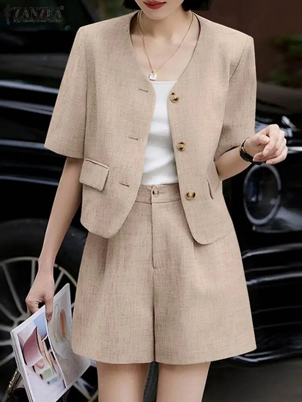 ZANZEA Seturi de blaze de vară Bluză cu mânecă scurtă pentru femei Paltoane solide Cauzal Seturi scurte libere Seturi de asortare la costum de lucru elegant pentru damă
