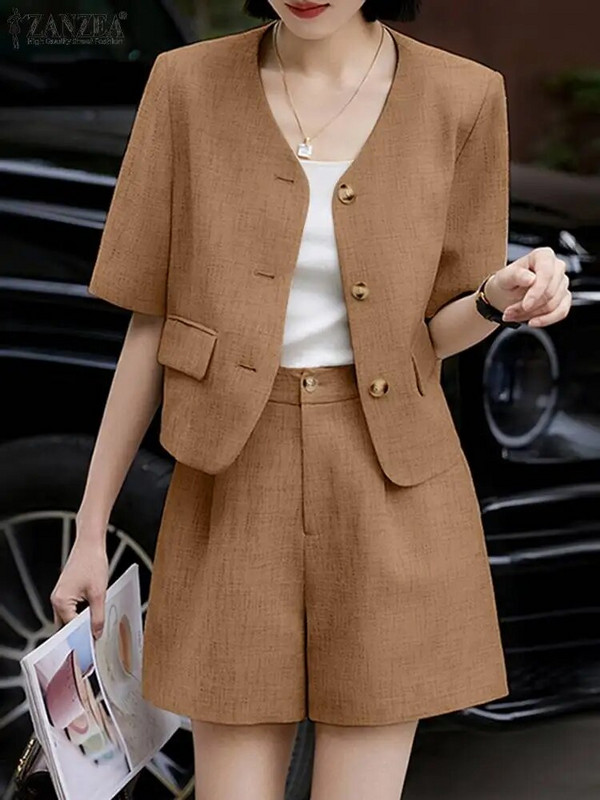 ZANZEA Seturi de blaze de vară Bluză cu mânecă scurtă pentru femei Paltoane solide Cauzal Seturi scurte libere Seturi de asortare la costum de lucru elegant pentru damă