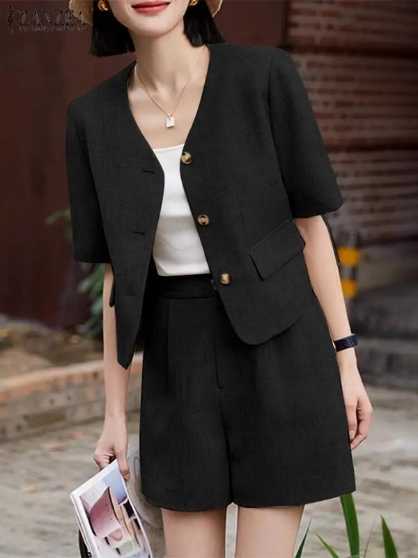 ZANZEA Seturi de blaze de vară Bluză cu mânecă scurtă pentru femei Paltoane solide Cauzal Seturi scurte libere Seturi de asortare la costum de lucru elegant pentru damă