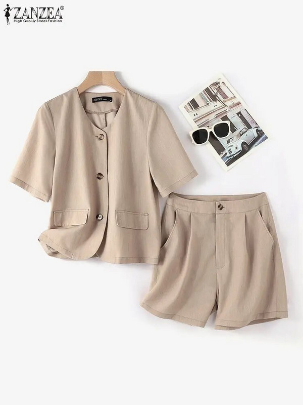 ZANZEA Seturi de blaze de vară Bluză cu mânecă scurtă pentru femei Paltoane solide Cauzal Seturi scurte libere Seturi de asortare la costum de lucru elegant pentru damă