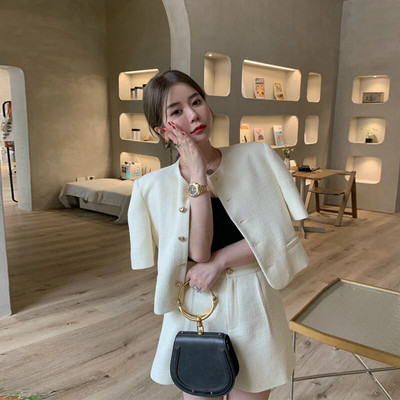 Pantaloni scurți cu picioare late Gâtul O Jachetă din tweed cu mâneci scurte Costume cardigan crop Seturi din două piese Ținute pentru femei Cămașă coreeană Blazere