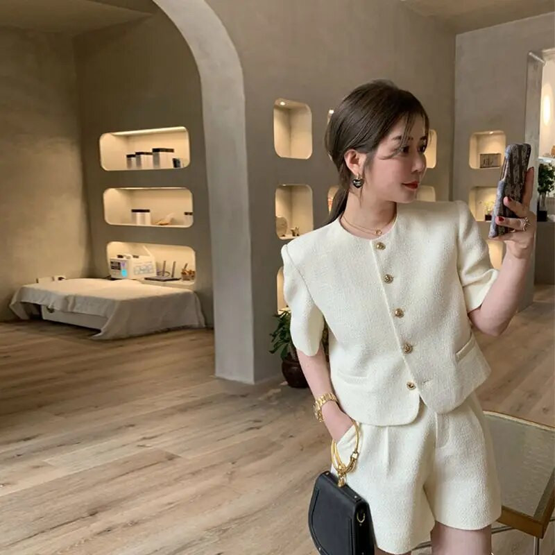 Széles szárú rövidnadrág O nyakú, rövid ujjú tweed dzseki Crop kardigán öltönyök kétrészes készletek Női ruhák koreai ing blézerek