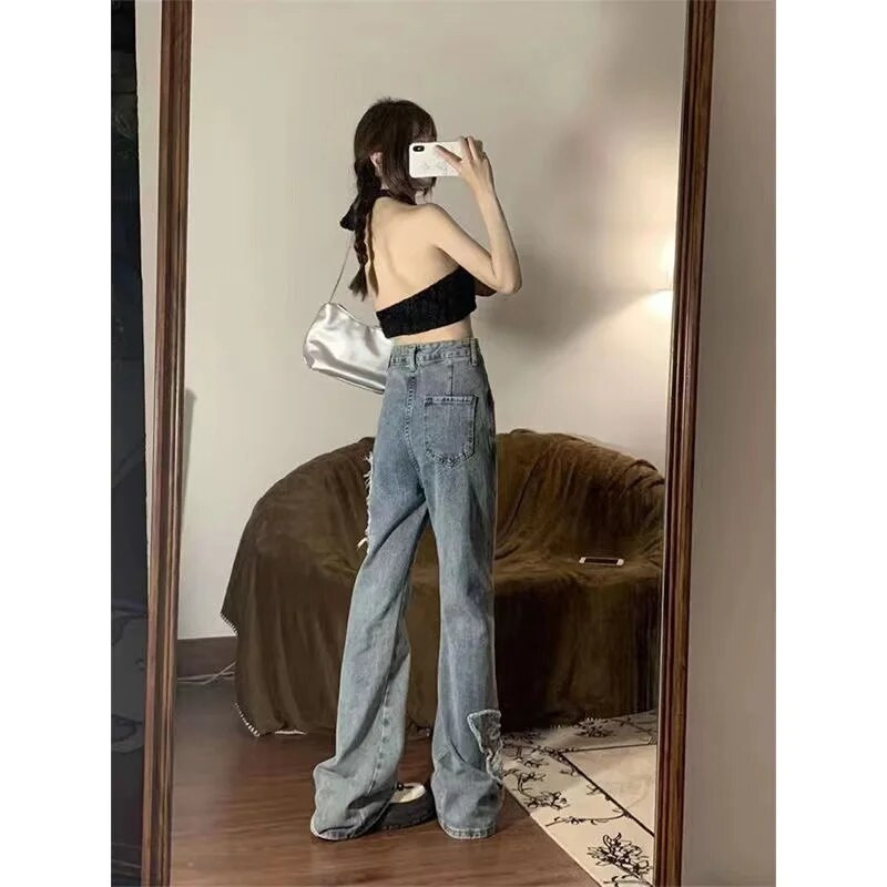 Y2K Pure Desire amerikai retro niche dizájn pillangós hímzésű női farmer 2023 új, magas derekú vékony mikro kiszélesedő nadrág