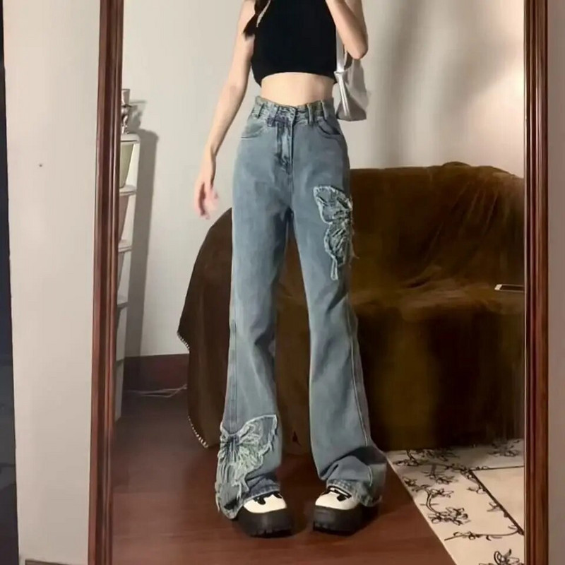 Y2K Pure Desire amerikai retro niche dizájn pillangós hímzésű női farmer 2023 új, magas derekú vékony mikro kiszélesedő nadrág