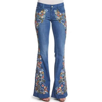 Сини бродирани дънки Дамски модни ежедневни дънкови панталони със средна талия XS-XXXXL, подходящи за пролетния и есенния сезон