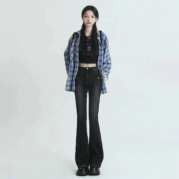 Зимни ретро кльощави дънки Дамско улично облекло с висока талия Шик Ежедневни дънкови панталони Y2K Дамски тесни панталони в корейски стил Harajuku