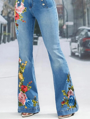 Μεγάλο μέγεθος Γυναικείο τζιν με απλό κουμπί ντεκόρ Flare Leg μακρύ τζιν παντελόνι Floral κέντημα Γυναικείο φαρδύ τζιν με ψηλόμεσο κουμπί