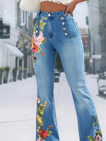 Μεγάλο μέγεθος Γυναικείο τζιν με απλό κουμπί ντεκόρ Flare Leg μακρύ τζιν παντελόνι Floral κέντημα Γυναικείο φαρδύ τζιν με ψηλόμεσο κουμπί