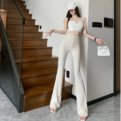 Crne široke hlače za žene Hlače u korejskom stilu Ležerne uredske ženske hlače s visokim strukom, duge zvonaste hlače