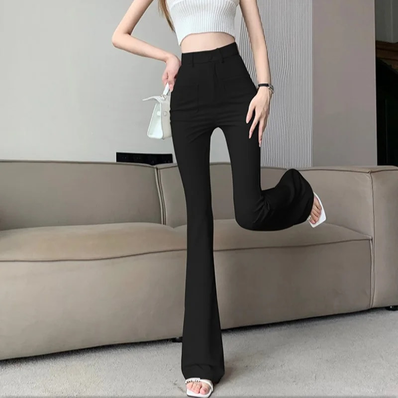 Crne široke hlače za žene Hlače u korejskom stilu Ležerne uredske ženske hlače s visokim strukom, duge zvonaste hlače