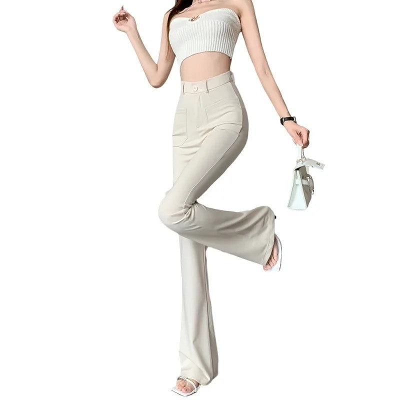 Crne široke hlače za žene Hlače u korejskom stilu Ležerne uredske ženske hlače s visokim strukom, duge zvonaste hlače