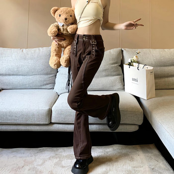 Καφέ τζιν παντελόνι γυναικείο ψηλόμεσο vintage κορεατική μόδα Y2k Streetwear Design Sense Commuter Casual φαρδύ παντελόνι