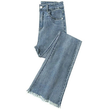 Дамски памучни еластични дънки с микро разкроени пролетни дънки с висока талия, тънки панталони с повдигане на ханша, изпрани изпрани разкроени панталони с прави крачоли