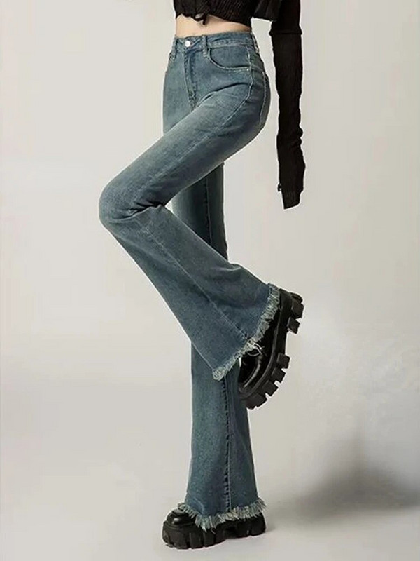 Flare Jeans Ženske Elegantne Vintage Denim Ulzzang Streetwear Jednostavne Hlače Američki Elegantni Trendy Poderane Ozbiljne