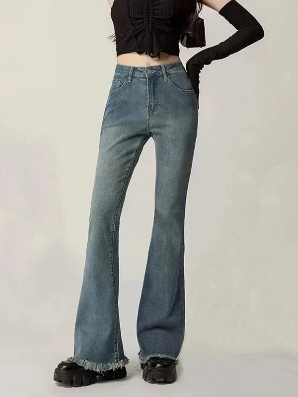 Flare Jeans Ženske Elegantne Vintage Denim Ulzzang Streetwear Jednostavne Hlače Američki Elegantni Trendy Poderane Ozbiljne