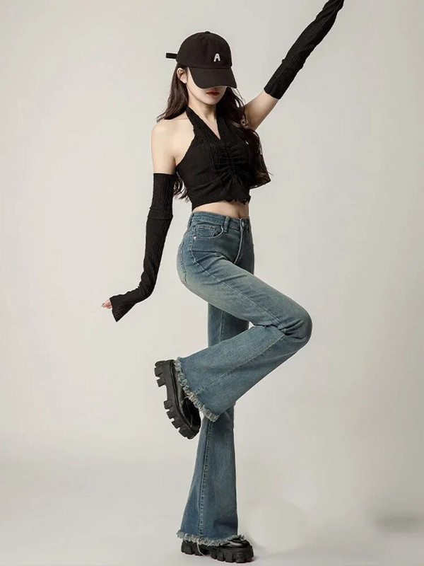 Flare Jeans Ženske Elegantne Vintage Denim Ulzzang Streetwear Jednostavne Hlače Američki Elegantni Trendy Poderane Ozbiljne