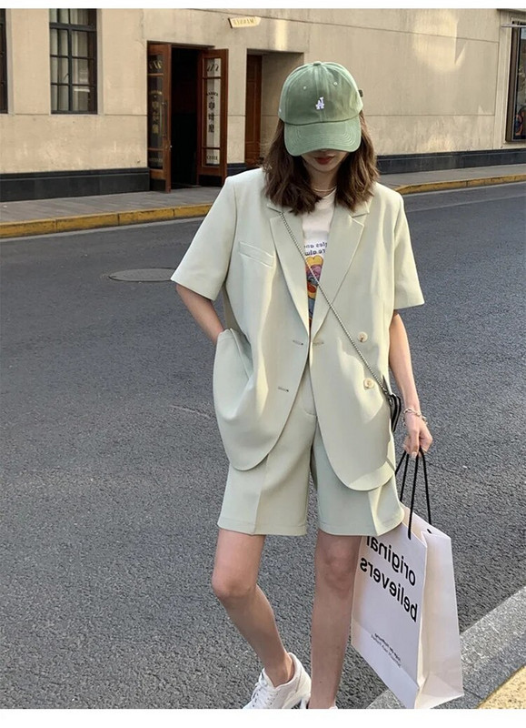 Ljetni ženski ležerni labavi tanki sako kratkih rukava + komplet kratke hlače Uredska ženska odijela Korejski poslovni kompleti od 2 komada Ženska odjeća