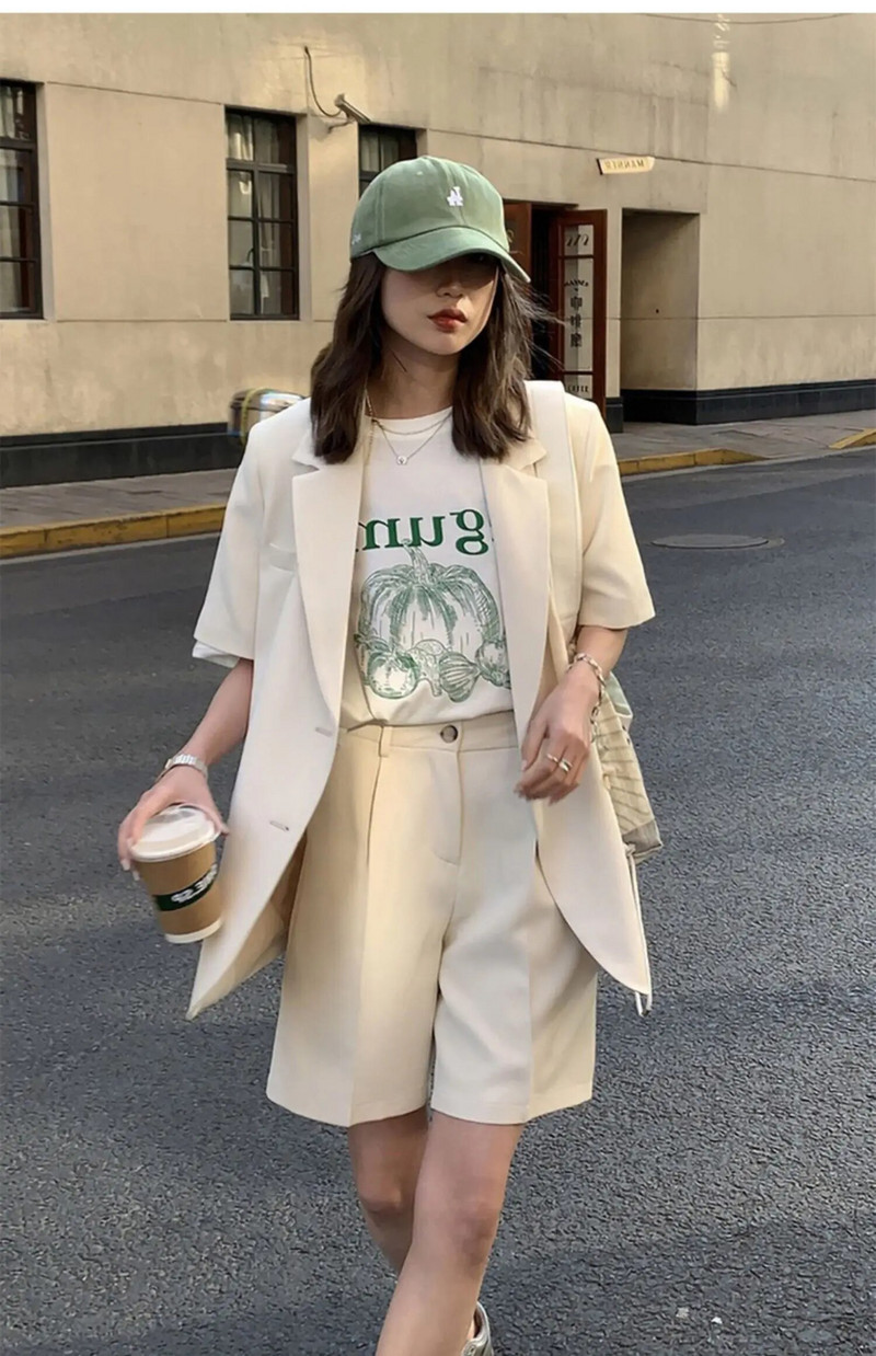Ljetni ženski ležerni labavi tanki sako kratkih rukava + komplet kratke hlače Uredska ženska odijela Korejski poslovni kompleti od 2 komada Ženska odjeća