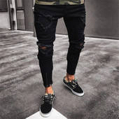 Plus Size S/3XL Blugi negri de marca de designer pentru bărbați, skinny rupti, distruși, elastici, pantaloni hip hop slim fit cu găuri pentru bărbați
