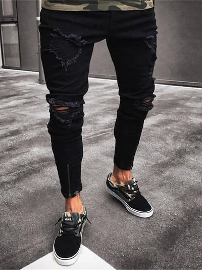 Plus Size S/3XL Blugi negri de marca de designer pentru bărbați, skinny rupti, distruși, elastici, pantaloni hip hop slim fit cu găuri pentru bărbați