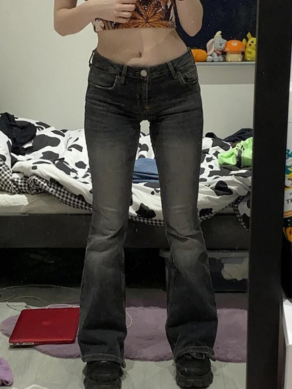 Vintage sive lepršave traperice Ženske Y2k Grunge Streetwear pune dužine seksi traper hlače niskog struka Lady Casual Harajuku Slim Jeans