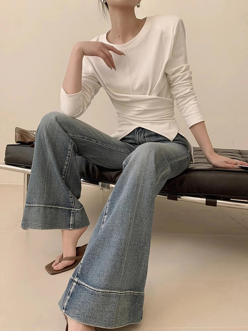 REDDACHiC Basic jednobojne lepršave traperice za žene plave isprane traper hlače s visokim usponom Bootcut hlače slobodnog kroja, ležerne, minimalističke, zvonaste hlače