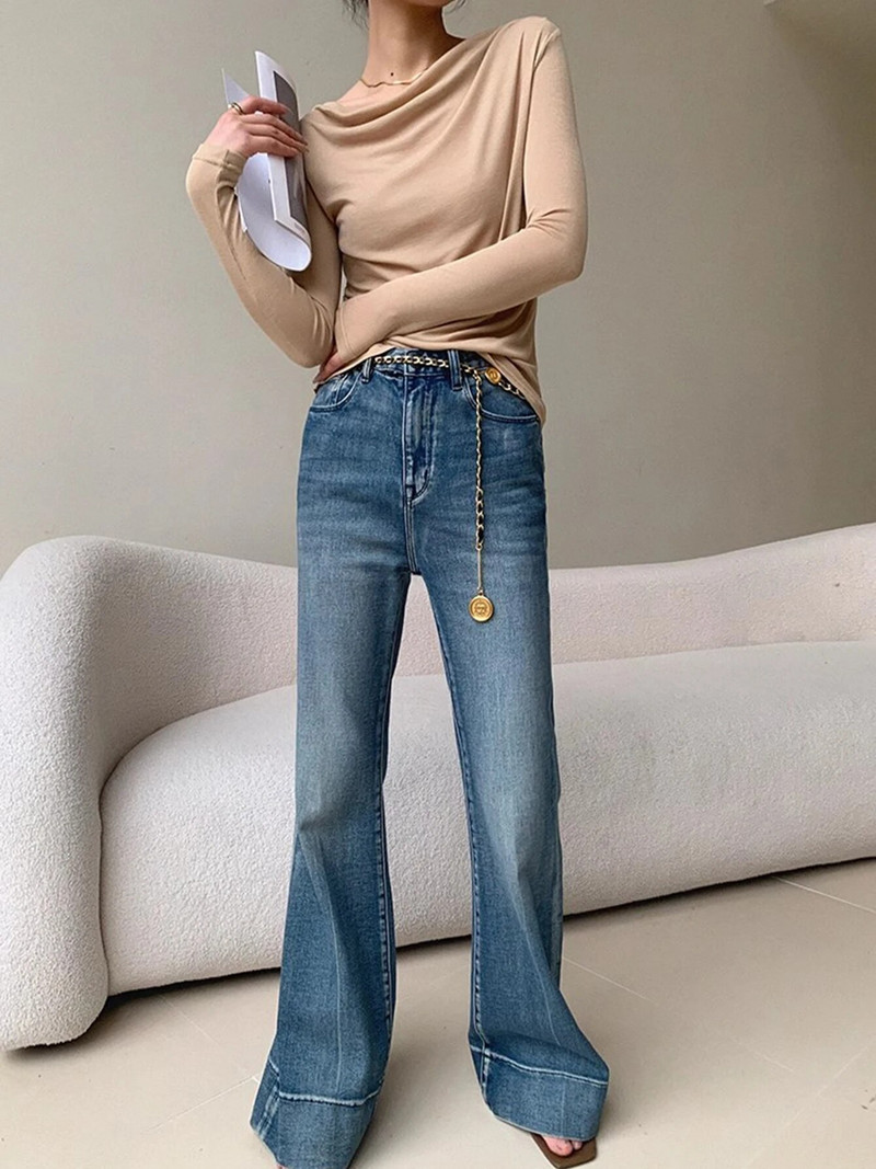 REDDACHiC Basic jednobojne lepršave traperice za žene plave isprane traper hlače s visokim usponom Bootcut hlače slobodnog kroja, ležerne, minimalističke, zvonaste hlače