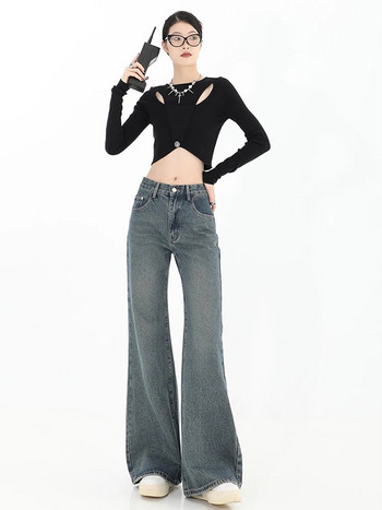 Дамски клоширани сини дънки, широки дънкови панталони с висока талия, ретро модни Y2k корейски прави широки крачоли, каубойски панталони, дрехи 2023 г.