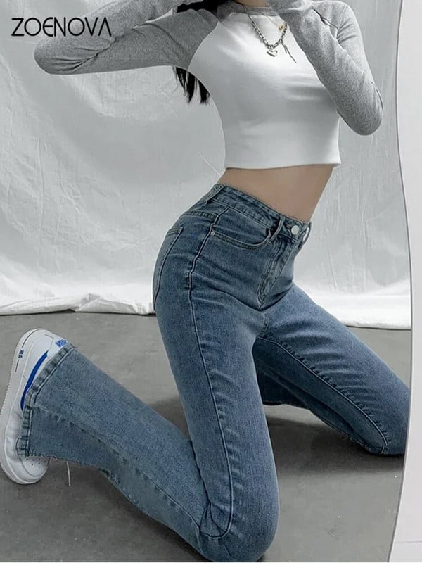 ZOENOVA kiszélesedő farmer Női magas derekú farmer nadrág női kék fekete rugalmas vékony divat klasszikus szabadidő széles szárú nadrág